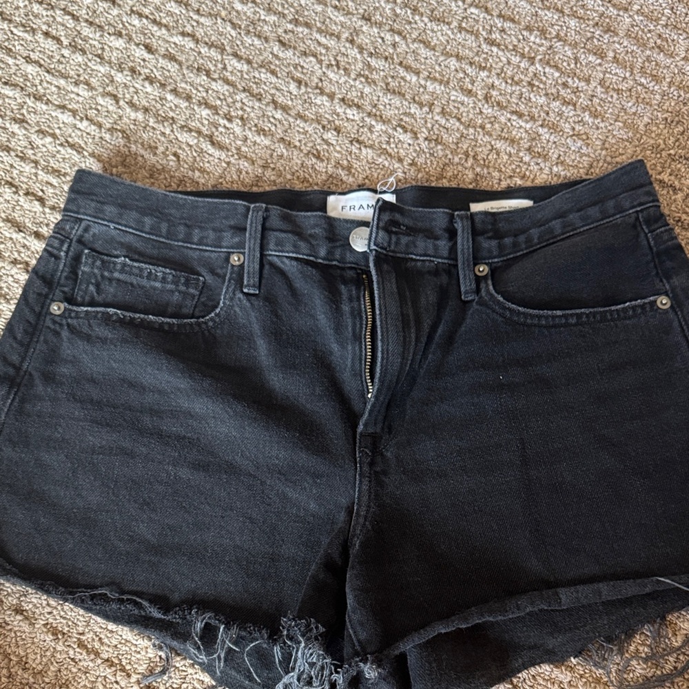 Frame Denim Black Jean Shorts with Frayed Hem